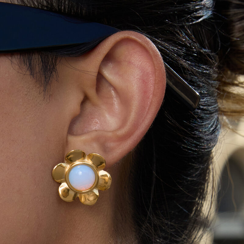 Gold Stainless Steel Opal Flower Earrings - Image 3