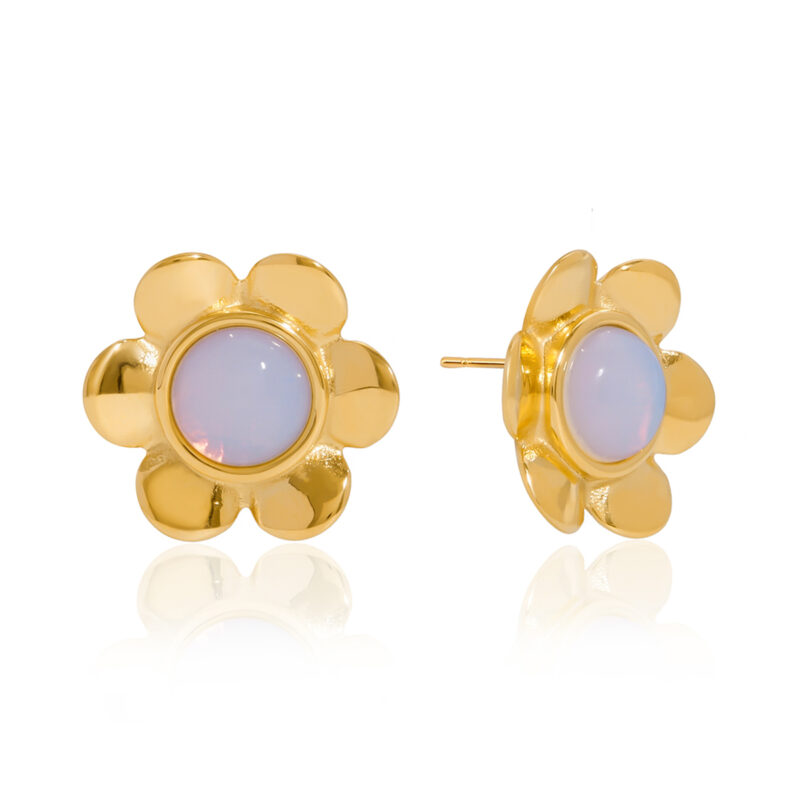 Gold Stainless Steel Opal Flower Earrings