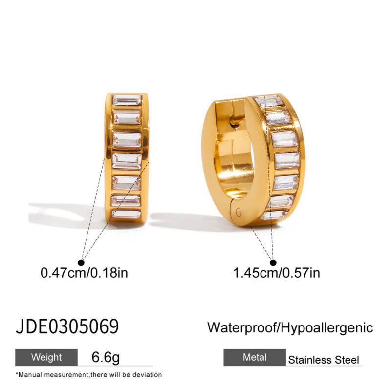 Gold Stainless Steel White Square Diamond Earrings - Image 5