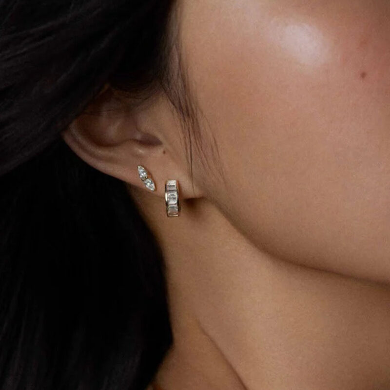 Gold Stainless Steel White Square Diamond Earrings - Image 2