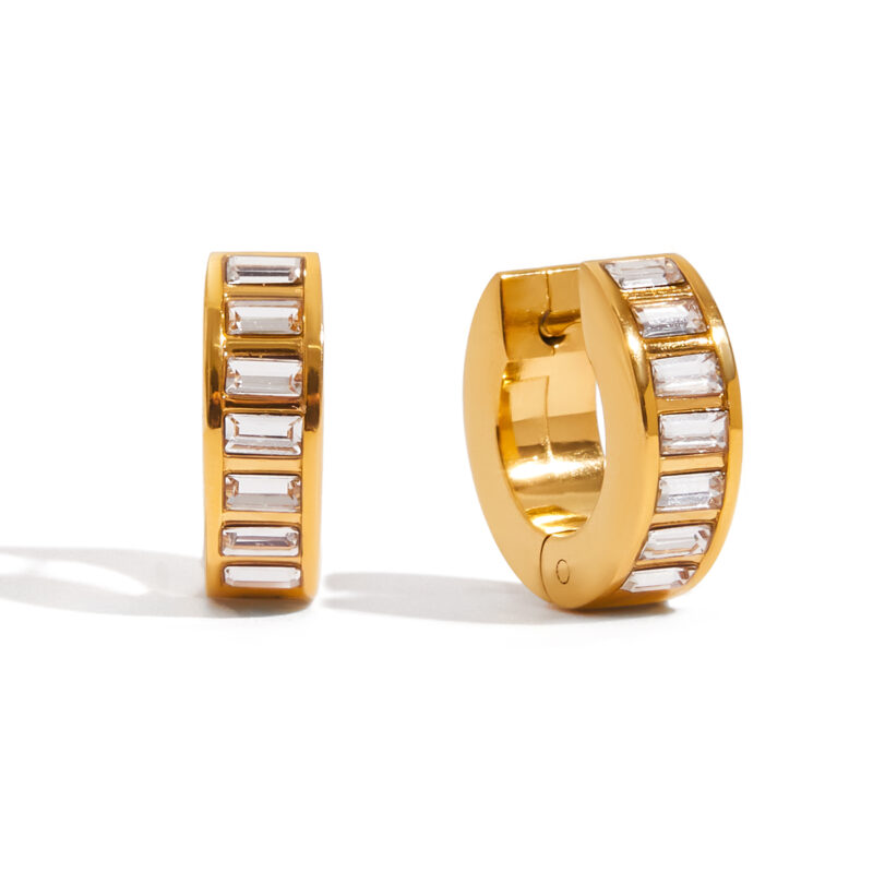 Gold Stainless Steel White Square Diamond Earrings