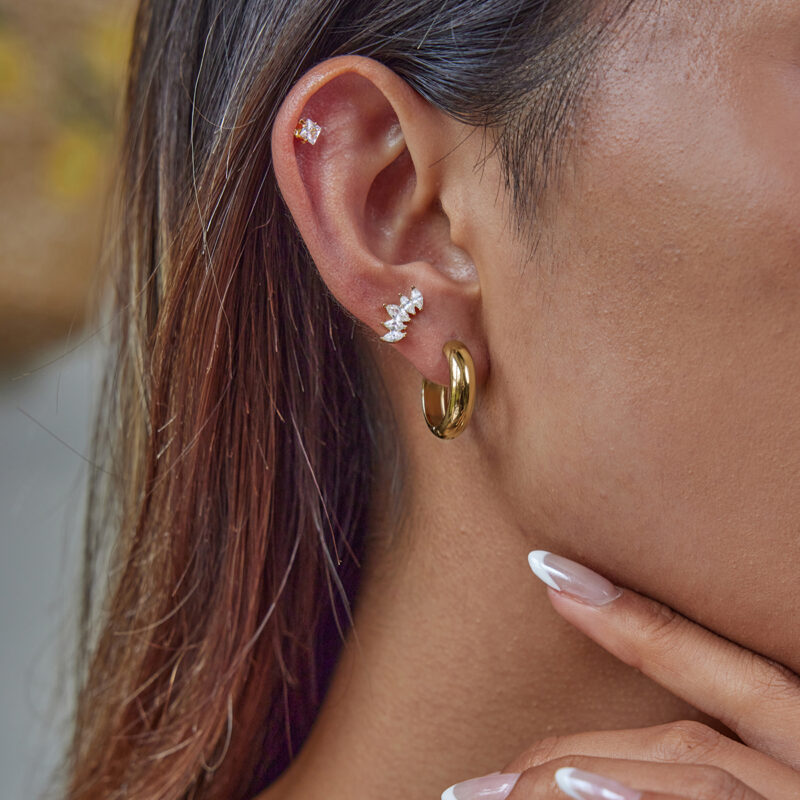 Gold Stainless Steel Striped Round Earrings - Image 2