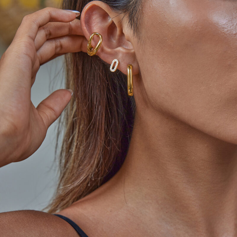 Gold Stainless Steel Large Small Line U Hoop Earrings - Image 3