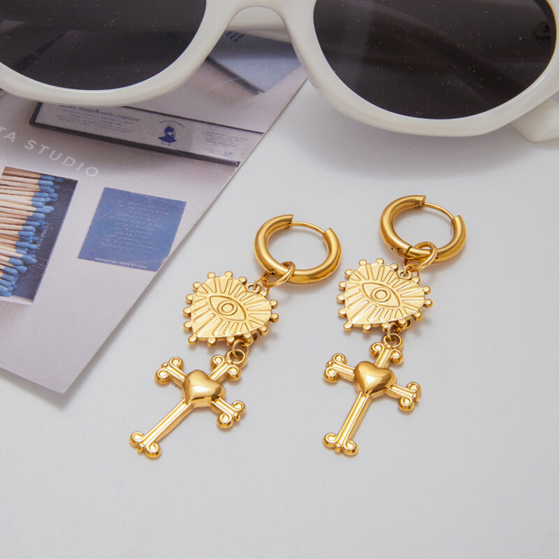 Heart Devil Eye Cross Pendant Earrings - Image 4