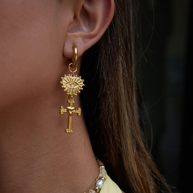 Heart Devil Eye Cross Pendant Earrings - Image 2