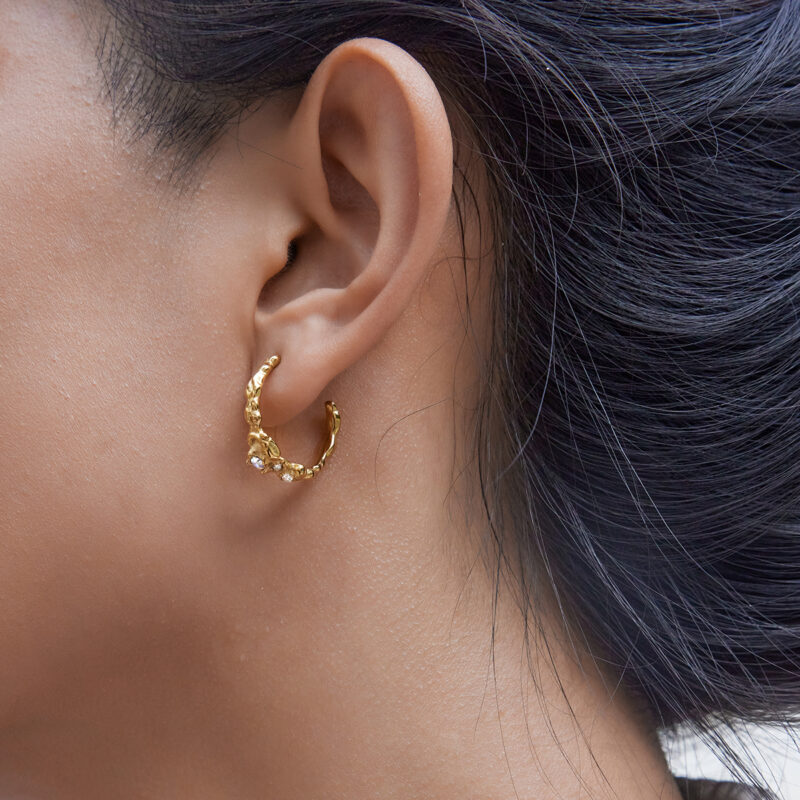 Hammered C Shape Earrings With White Diamonds - Image 2