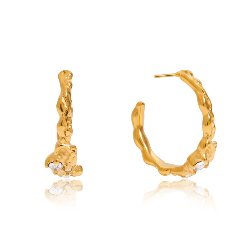 Hammered C Shape Earrings With White Diamonds