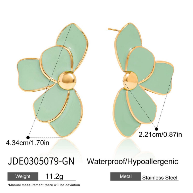 Green Enamel Flower Earrings Gold Plated - Image 4