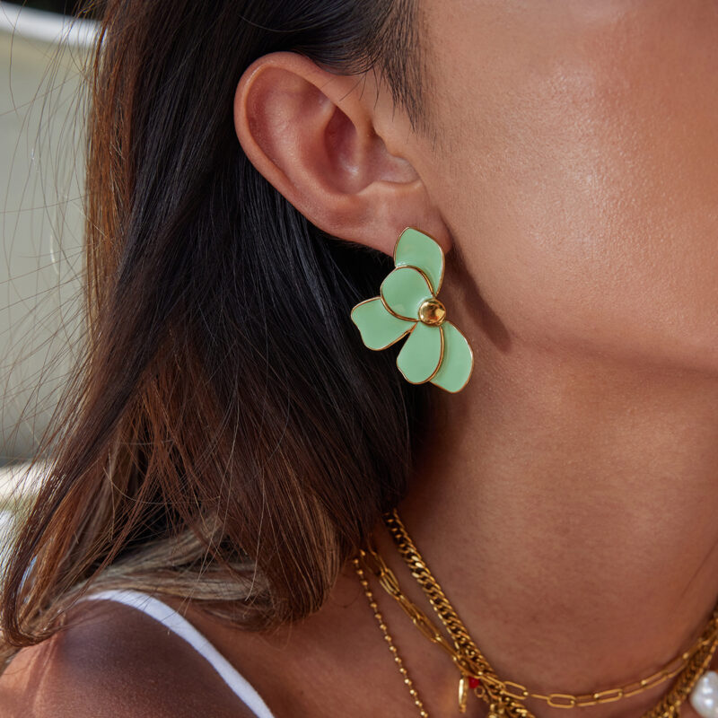 Green Enamel Flower Earrings Gold Plated - Image 2