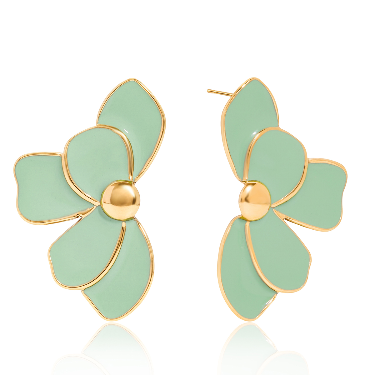 Green Enamel Flower Earrings Gold Plated