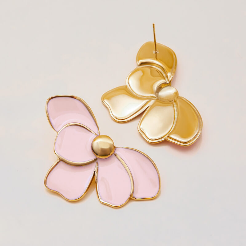 Pink Enamel Flower Earrings Stainless Steel - Image 4