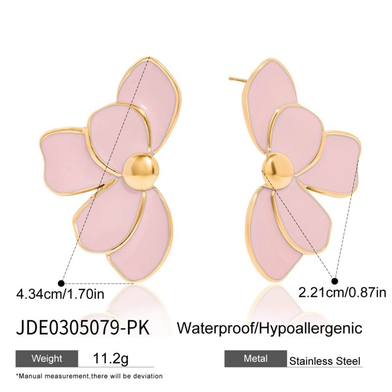 Pink Enamel Flower Earrings Stainless Steel - Image 6