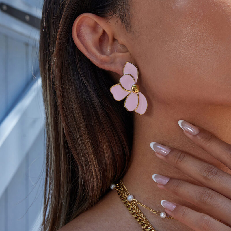 Pink Enamel Flower Earrings Stainless Steel - Image 2