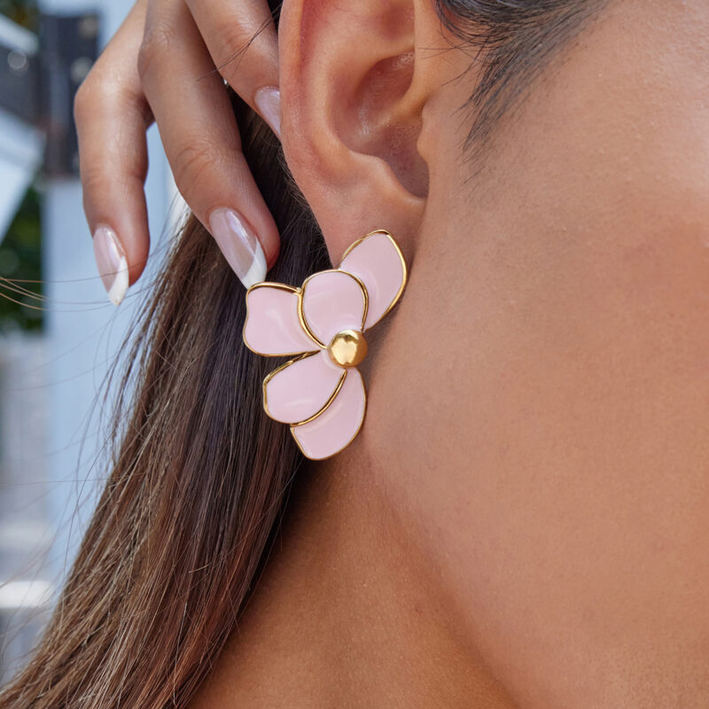 Pink Enamel Flower Earrings Stainless Steel - Image 3