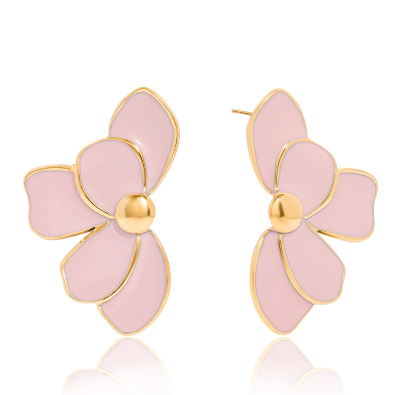 Pink Enamel Flower Earrings Stainless Steel
