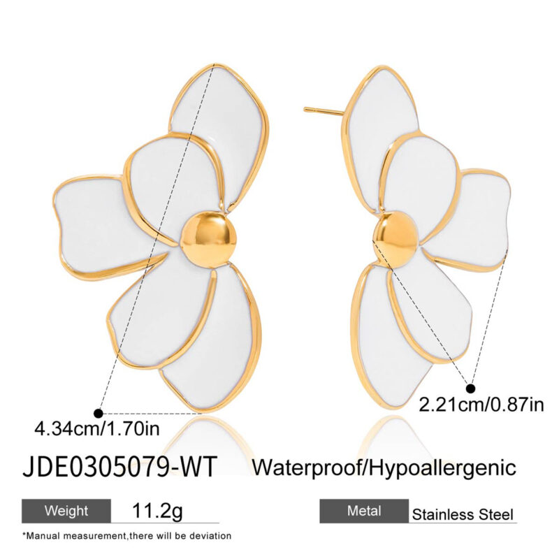 White Enamel Flower Earrings Gold Finish - Image 6