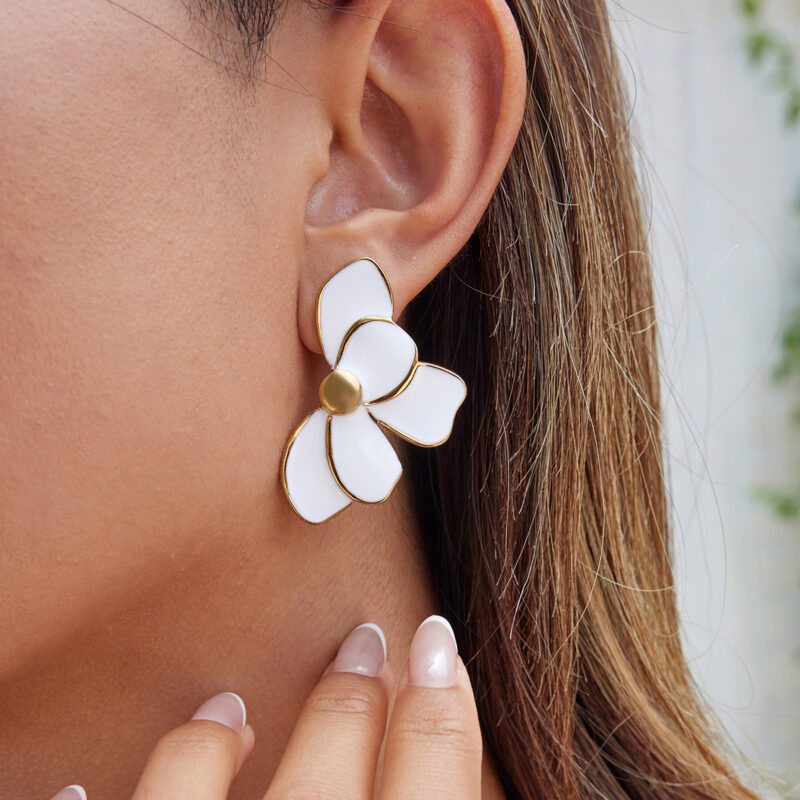 White Enamel Flower Earrings Gold Finish - Image 2