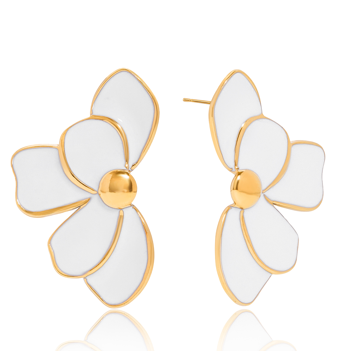 White Enamel Flower Earrings Gold Finish