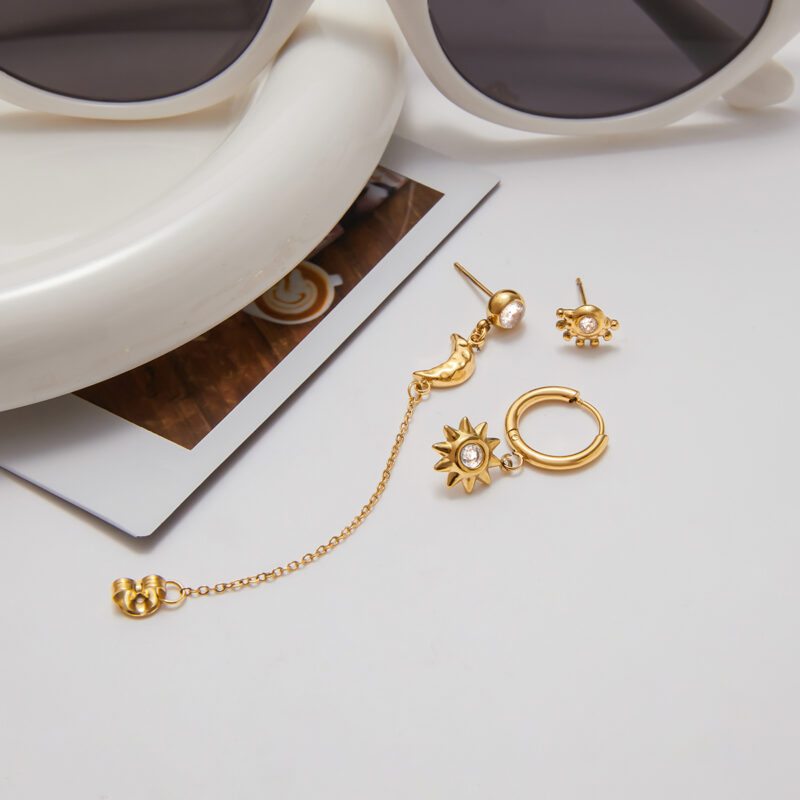 White Zircon Sun Moon Tassel Earrings - Image 3