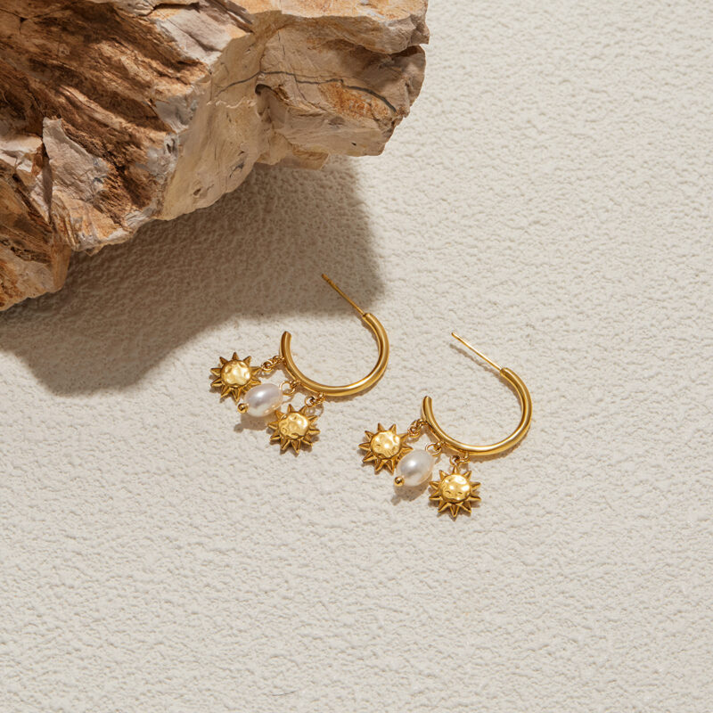 Sun Charm Pearl Hoop Earrings Stainless Steel - Image 4