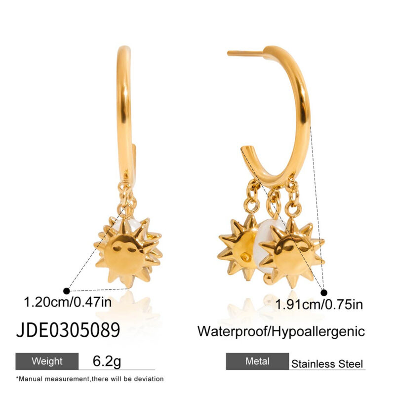 Sun Charm Pearl Hoop Earrings Stainless Steel - Image 5