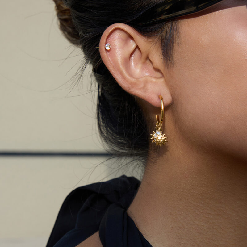 Sun Charm Pearl Hoop Earrings Stainless Steel - Image 3