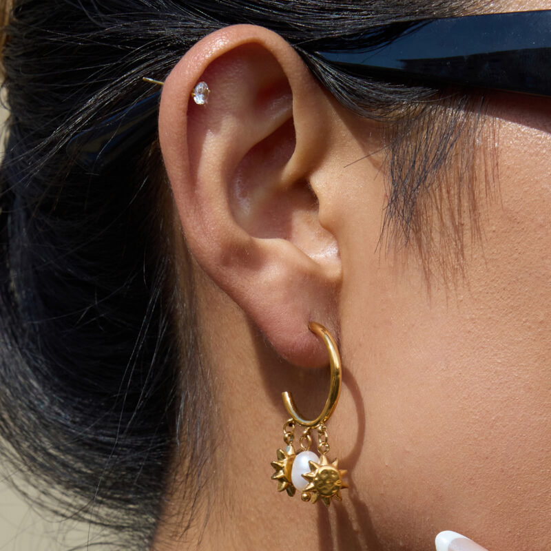 Sun Charm Pearl Hoop Earrings Stainless Steel - Image 2
