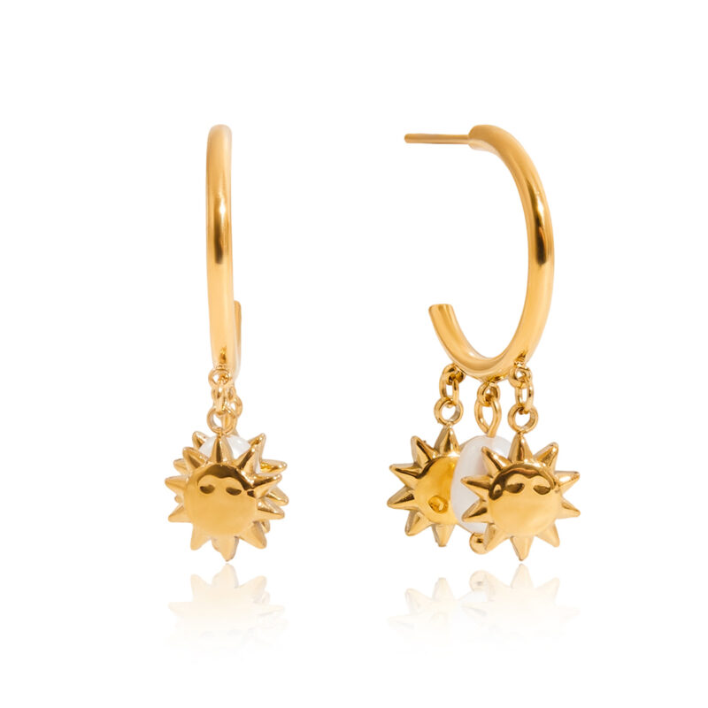 Sun Charm Pearl Hoop Earrings Stainless Steel