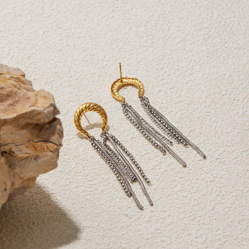 Gold Silver Moon Tassel Stainless Steel Earrings - Image 4