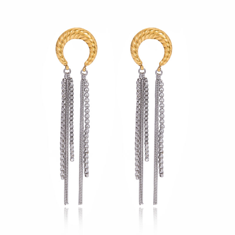 Gold Silver Moon Tassel Stainless Steel Earrings