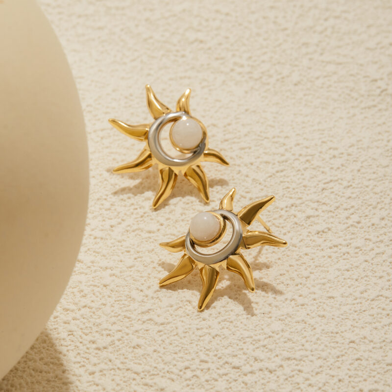 Dual Tone Moonstone Sun Earrings Gold Silver - Image 4