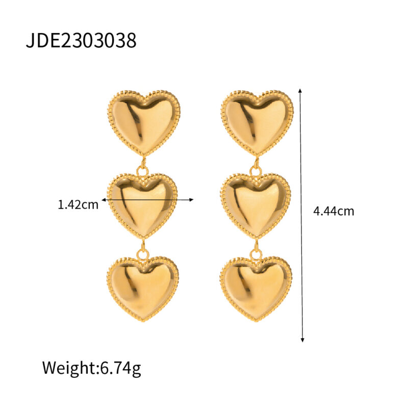 Triple-Edge Heart Tassel Earrings 18K Gold - Image 5