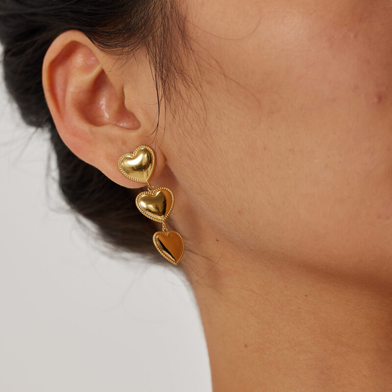 Triple-Edge Heart Tassel Earrings 18K Gold - Image 2