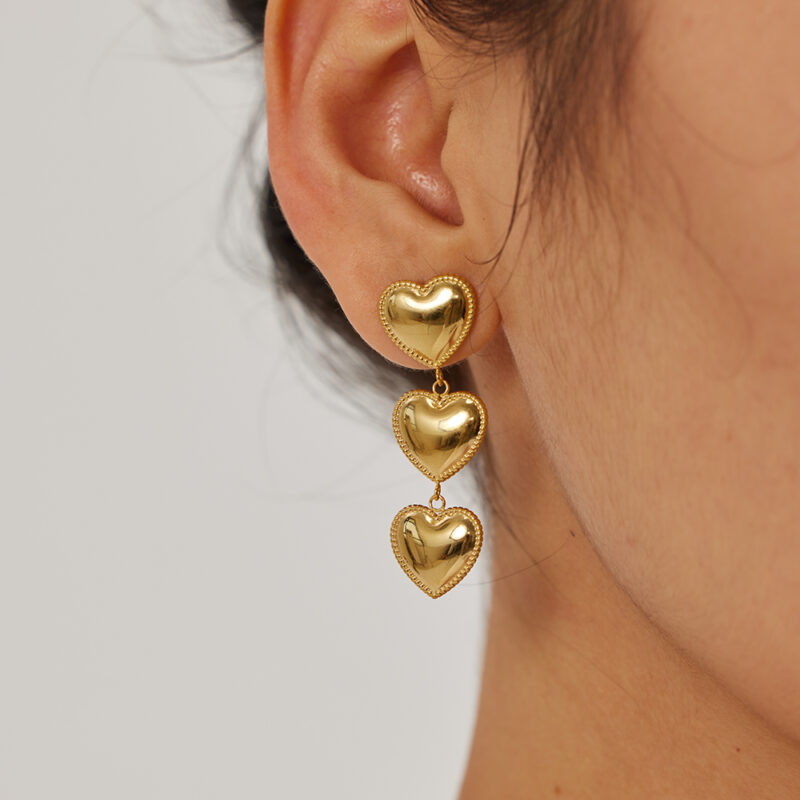 Triple-Edge Heart Tassel Earrings 18K Gold - Image 3