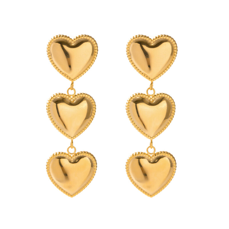 Triple-Edge Heart Tassel Earrings 18K Gold