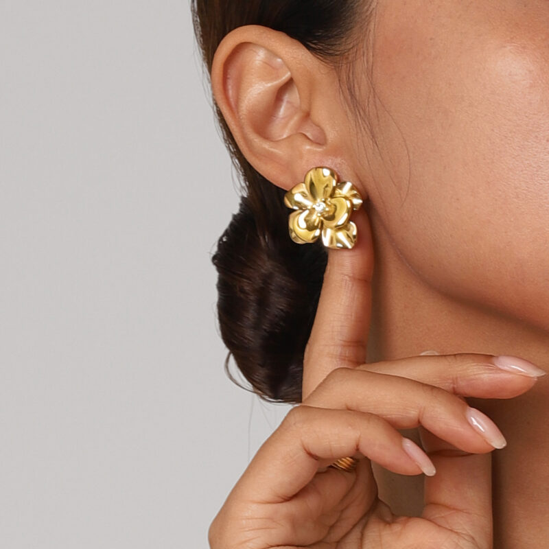 18K Gold Stainless Steel French-Inspired Artistic Floral Earrings - Image 2