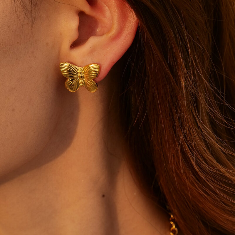 18K Gold Butterfly Stud Earrings - Image 2