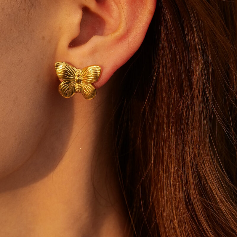 18K Gold Butterfly Stud Earrings - Image 3