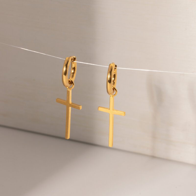 18K Gold Cross Pendant Drop Earrings - Image 6