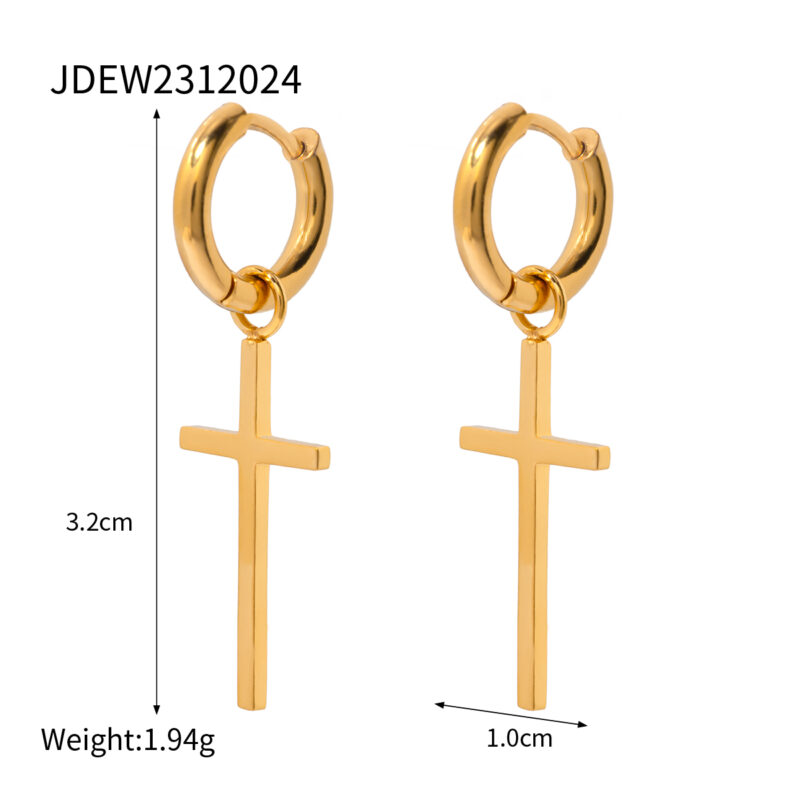 18K Gold Cross Pendant Drop Earrings - Image 7