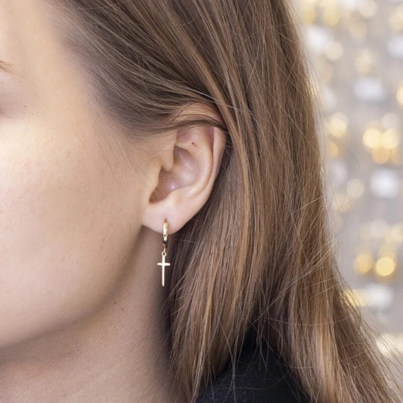 18K Gold Cross Pendant Drop Earrings - Image 3