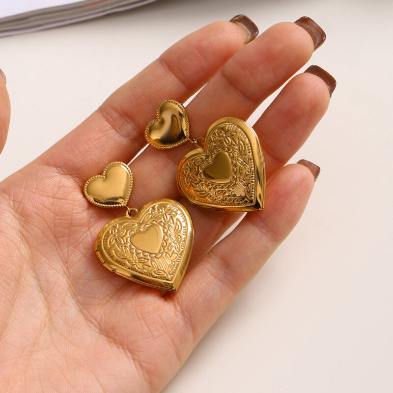 Heart Locket Drop Earrings 18K Gold Plated - Image 3