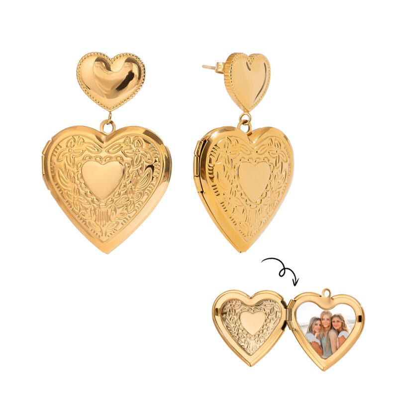 Heart Locket Drop Earrings 18K Gold Plated - Image 4
