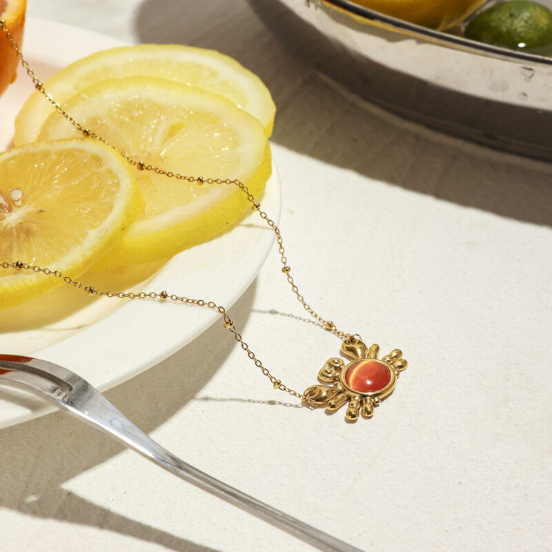 18K Gold Crab Pendant Necklace w/ Red Cat Eye - Image 5
