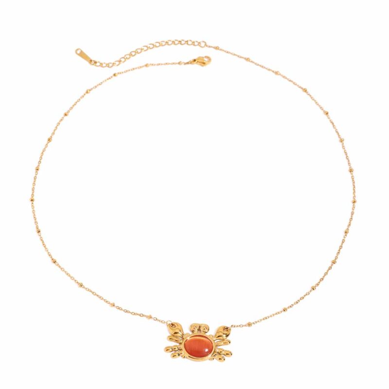 18K Gold Crab Pendant Necklace w/ Red Cat Eye