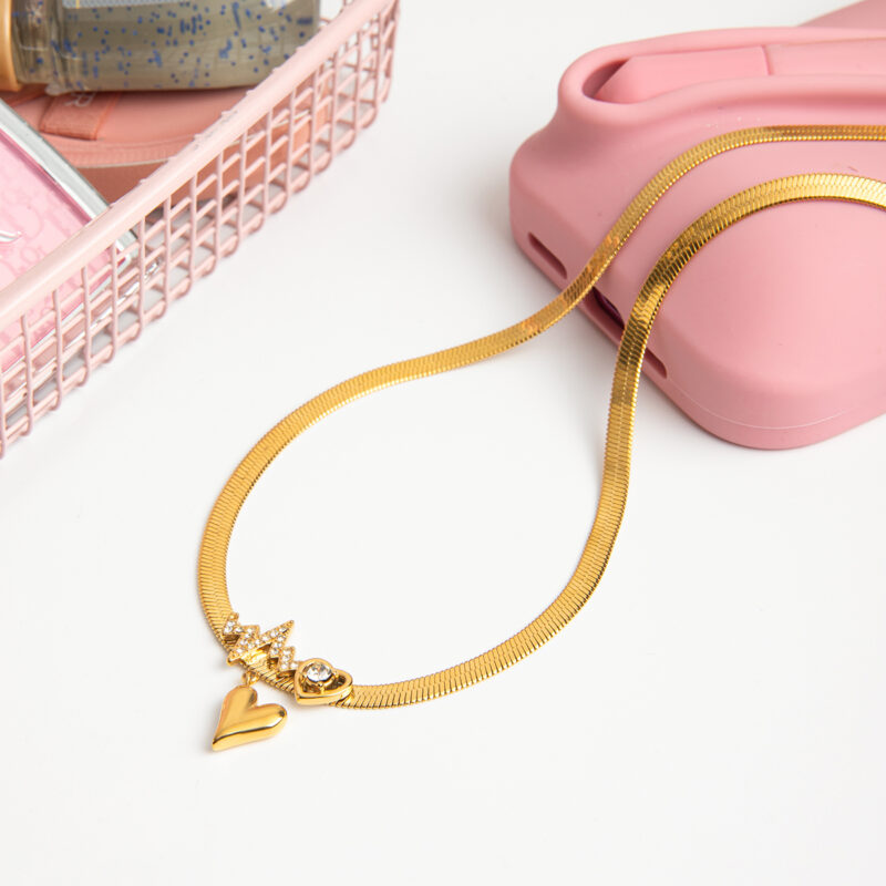 CZ & Crystal Heart & ECG Pendant Necklace 18K Gold - Image 4