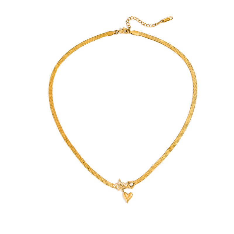 CZ & Crystal Heart & ECG Pendant Necklace 18K Gold