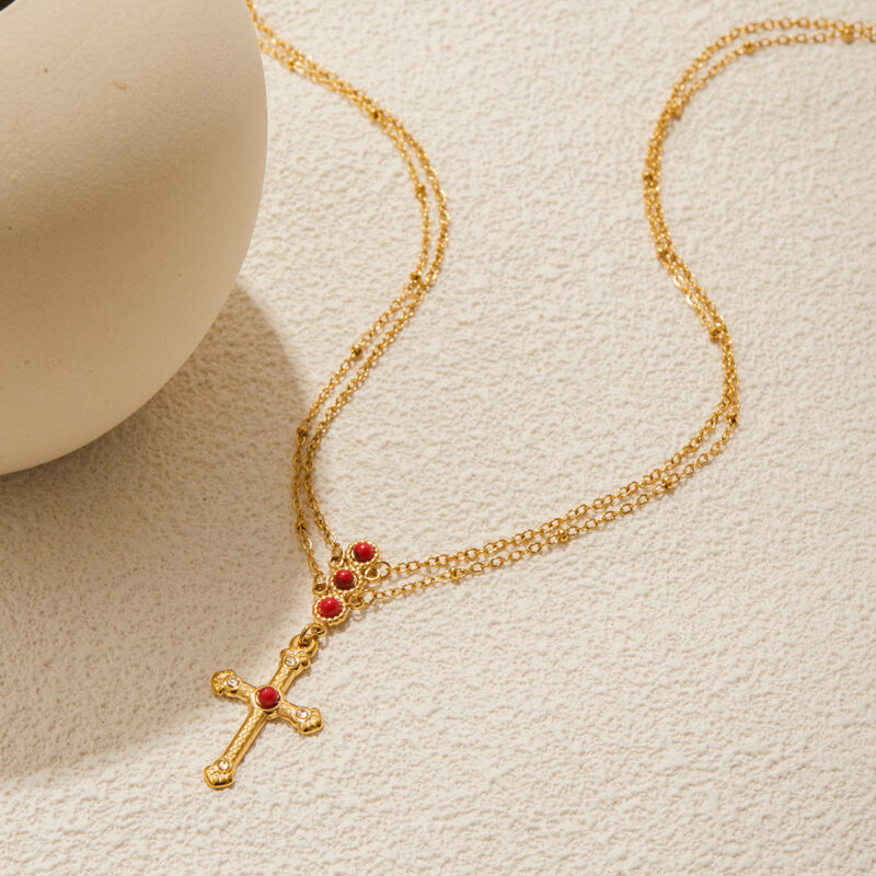 Turquoise Cross Pendant Necklace Gold Plated - Image 3