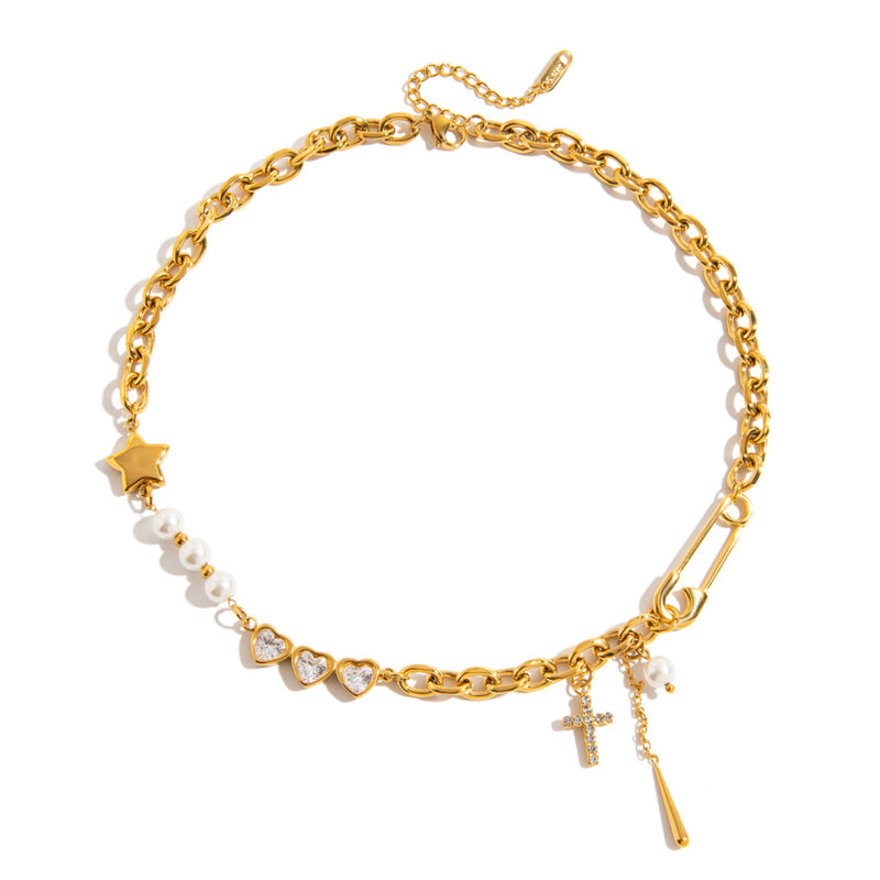 Cross Star Bead Pendant Necklace Gold Plated