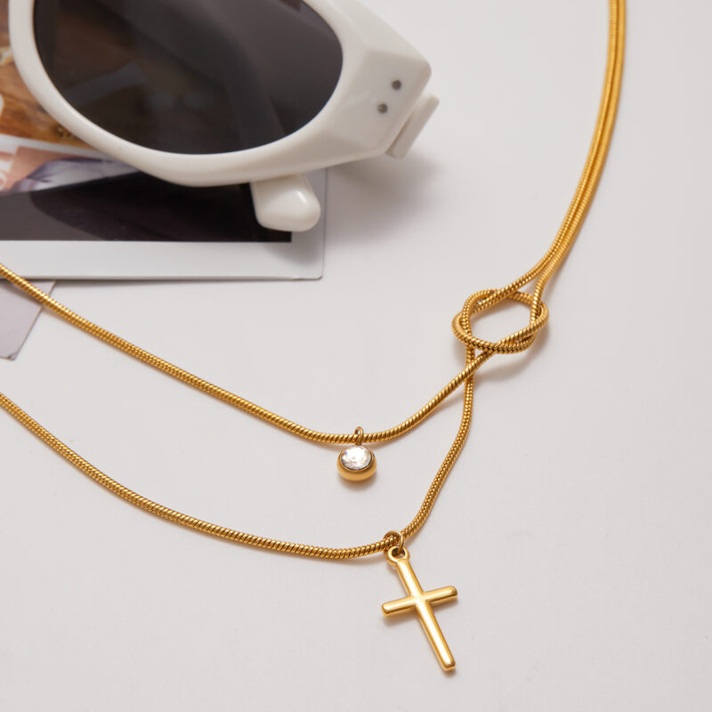 Cross White Stone Pendant Layered Necklace - Image 3